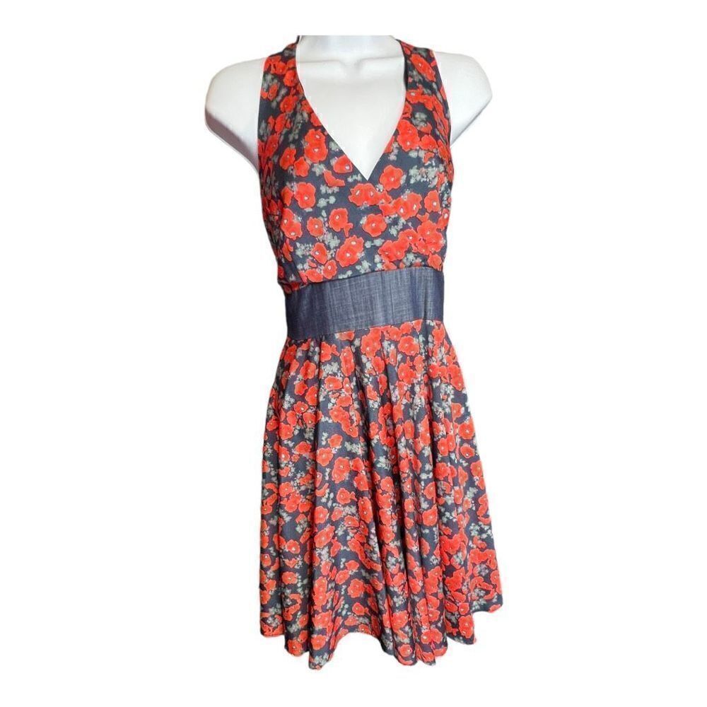Coconinno Women's Floral Sleeveless V Neck Empire Waist Dress Blue Red Size XL
